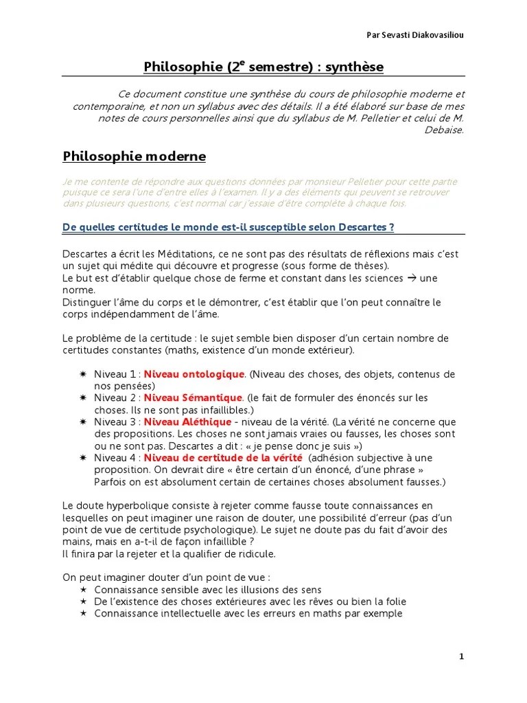 Synthese philosophie MODERNE et CONTEMPORAINE | PDF | Vérité | René  Descartes