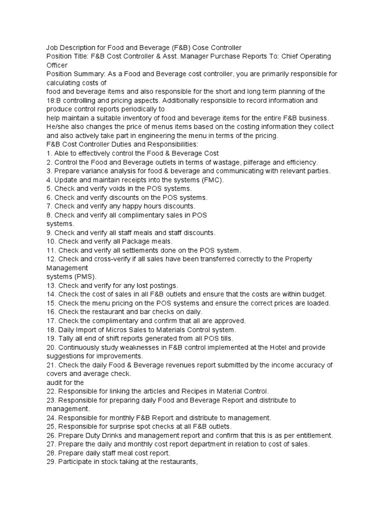 Job Description For Food and Beverage (F&B) Cost Controller PDF