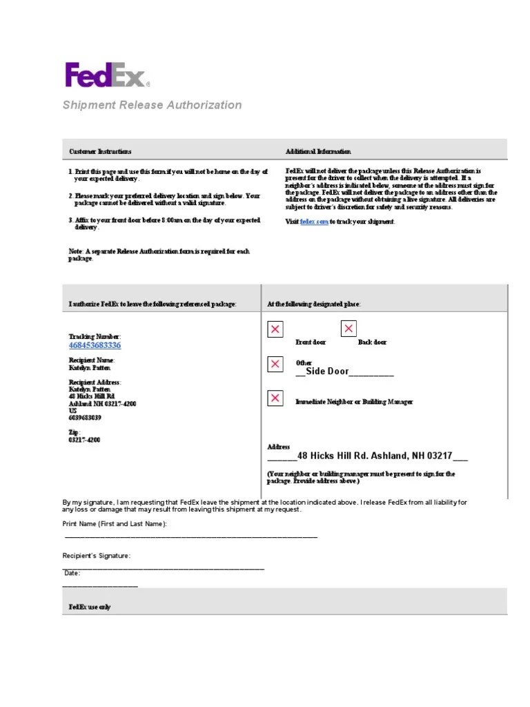Fedex Shipment Release Authorization Fill Online,, 53 OFF