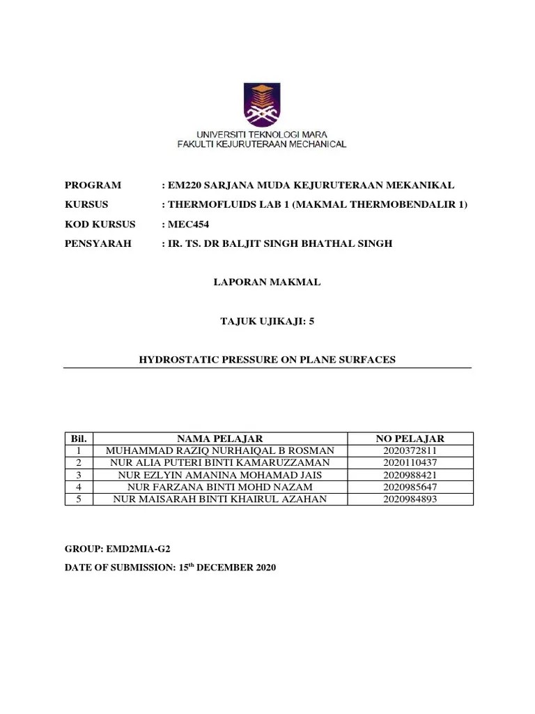Lab Report 5 Hydrostatic Pressure On Plane Surfaces G2 PDF
