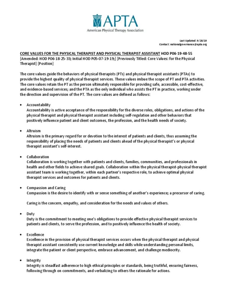 APTA Core Values Endorsement PDF Physical Therapy Psychotherapy
