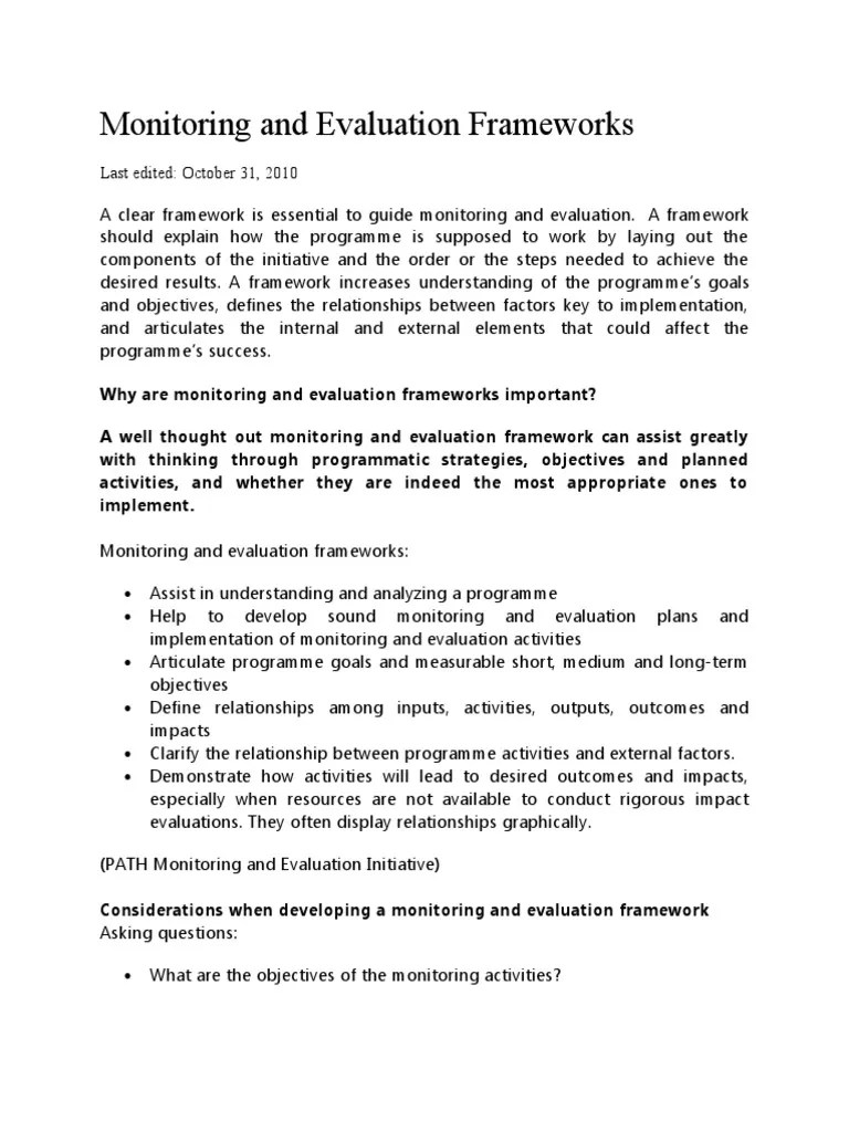Monitoring and Evaluation Frameworks PDF Evaluation Monitoring