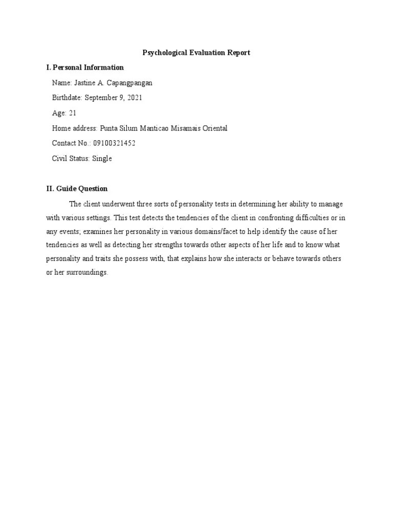 Psychological Evaluation Report Template PDF Extraversion And