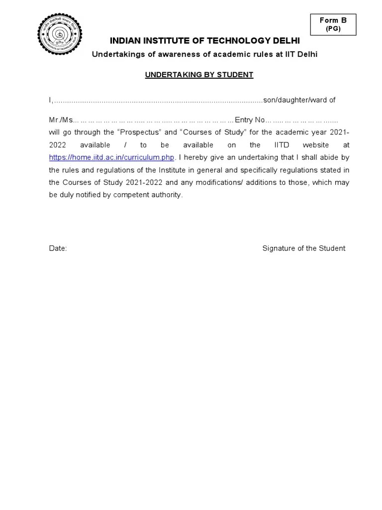 Indian Institute of Technology Delhi Undertakings of Awareness of