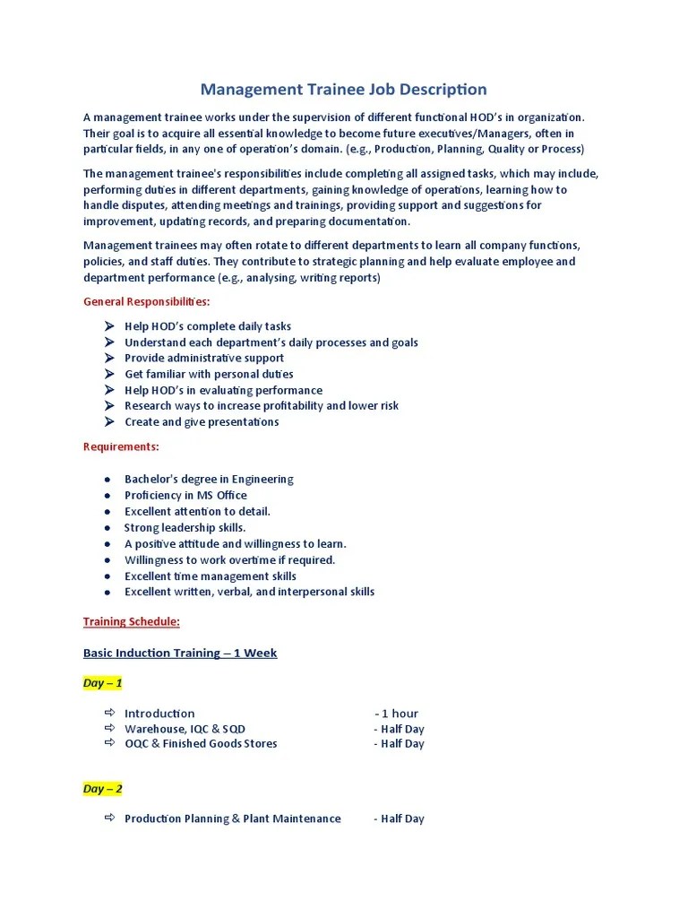 Management Trainee Job Description PDF Skill Business