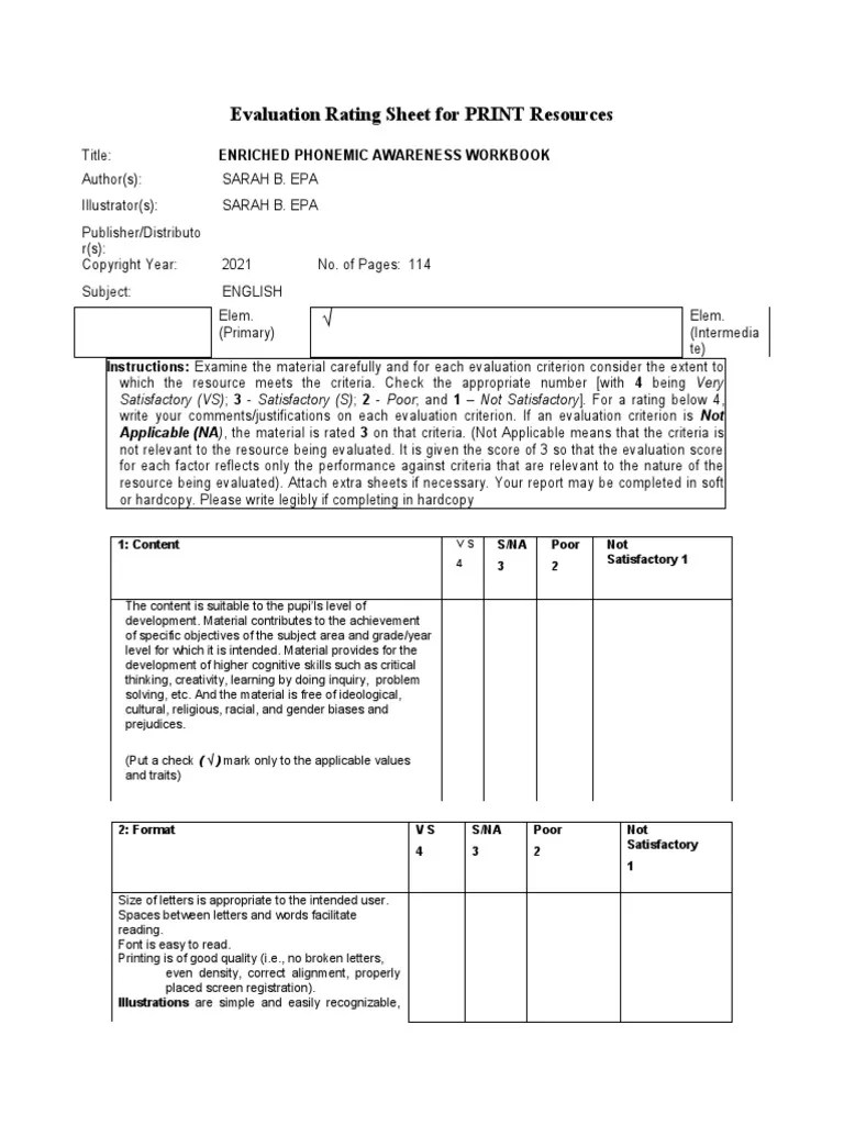 Evaluation Rating Sheet For PRINT Resources PDF Typography Cognition