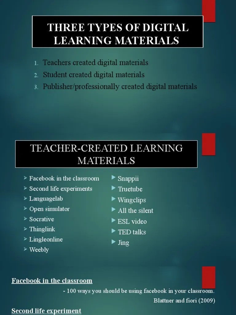 Three Types of Digital Learning Materials PDF Second Life English