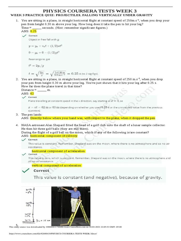 Physics Coursera Tests Week 3 | PDF | Acceleration | Trajectory