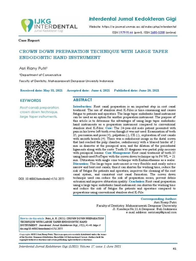 Crown Down Preparation Technique With Large Taper Endodontic Hand