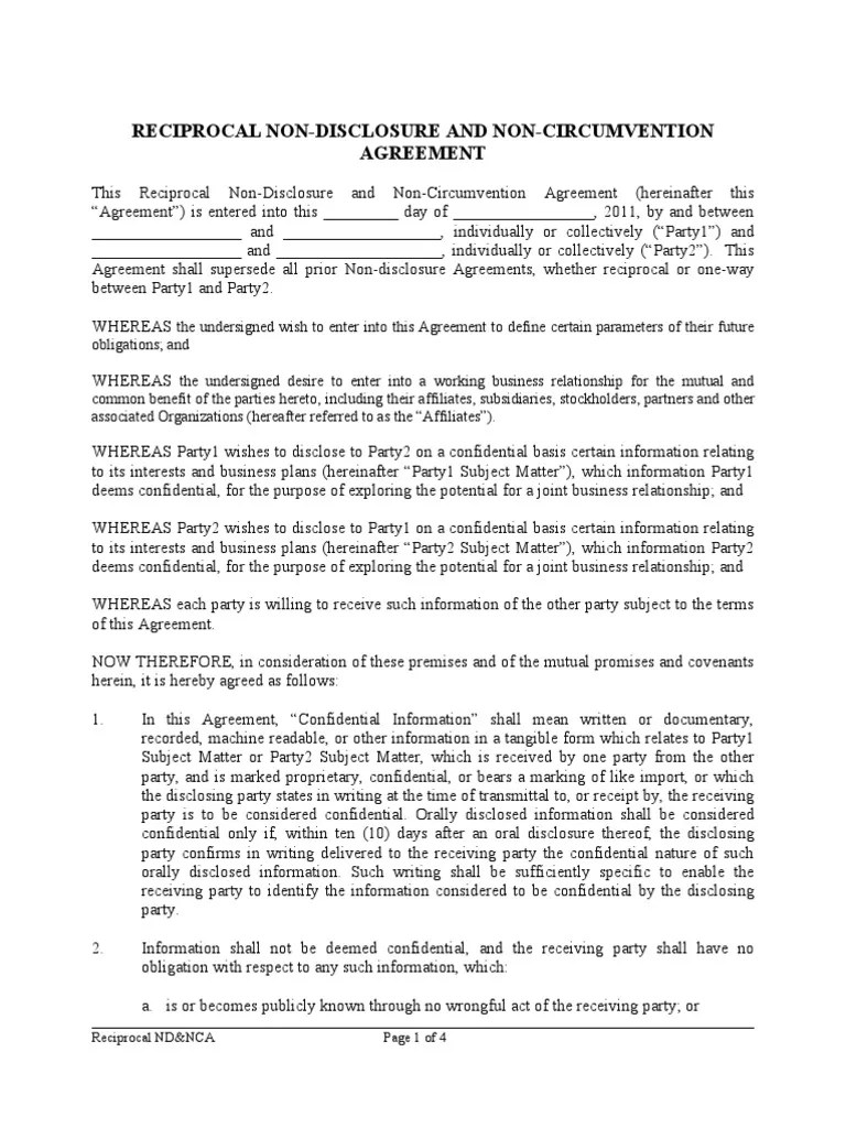 ND&NCA 2011 Reciprocal Blank Non Disclosure Agreement Confidentiality