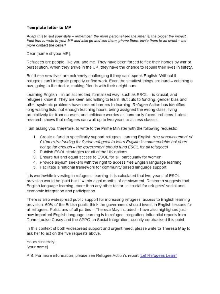 Template Letter To MP1 PDF Refugee English As A Second Or