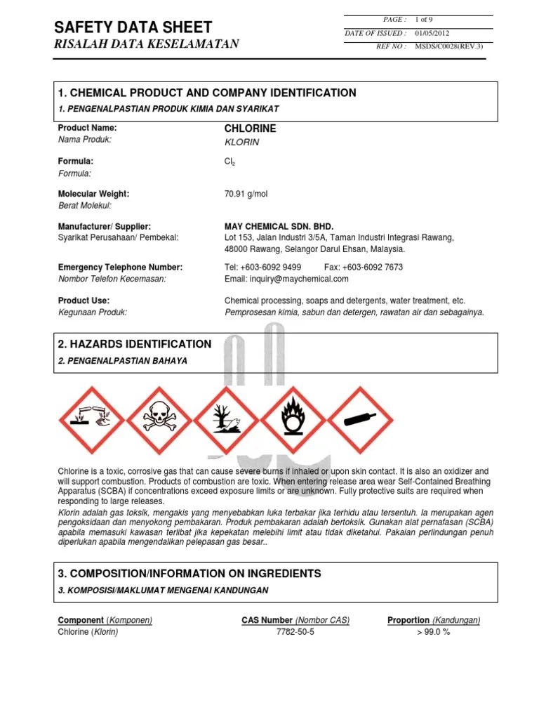 Safety Data Sheet Chlorine (Maychem) PDF Personal Protective