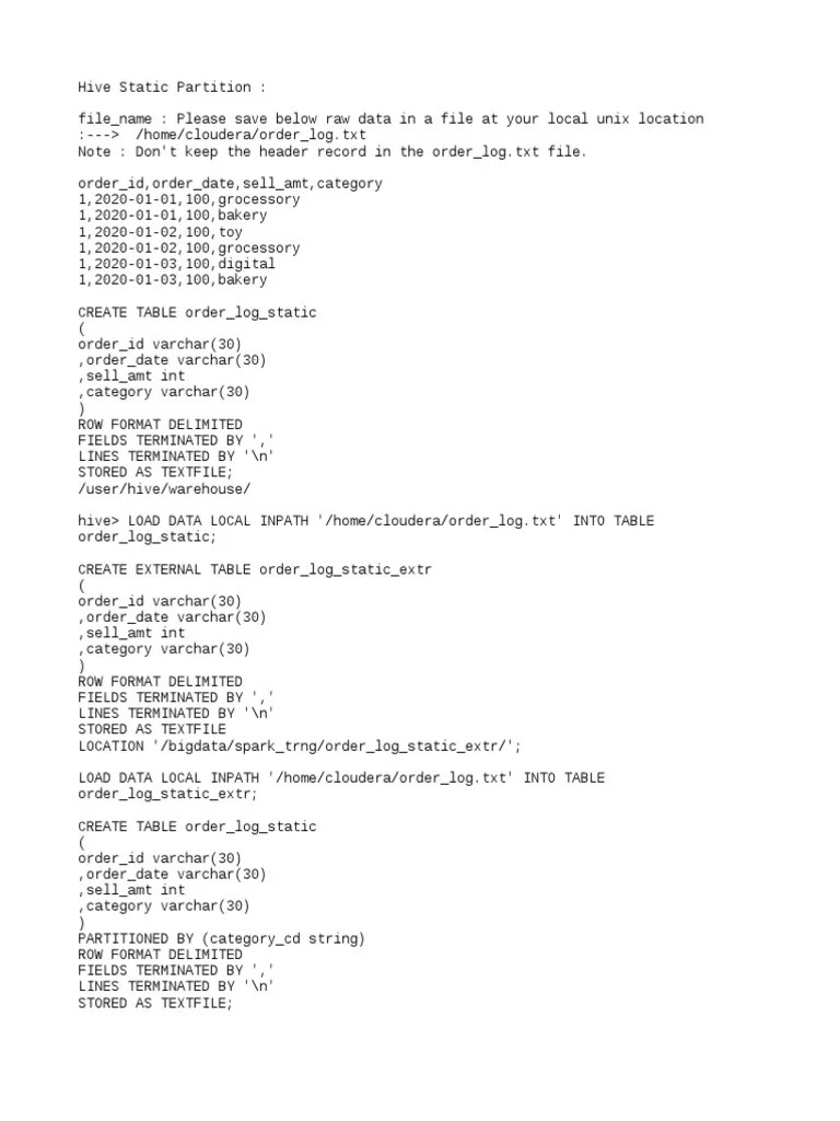 Hive Static Dynamic Partition Rank Rownum Lateralview PDF Table