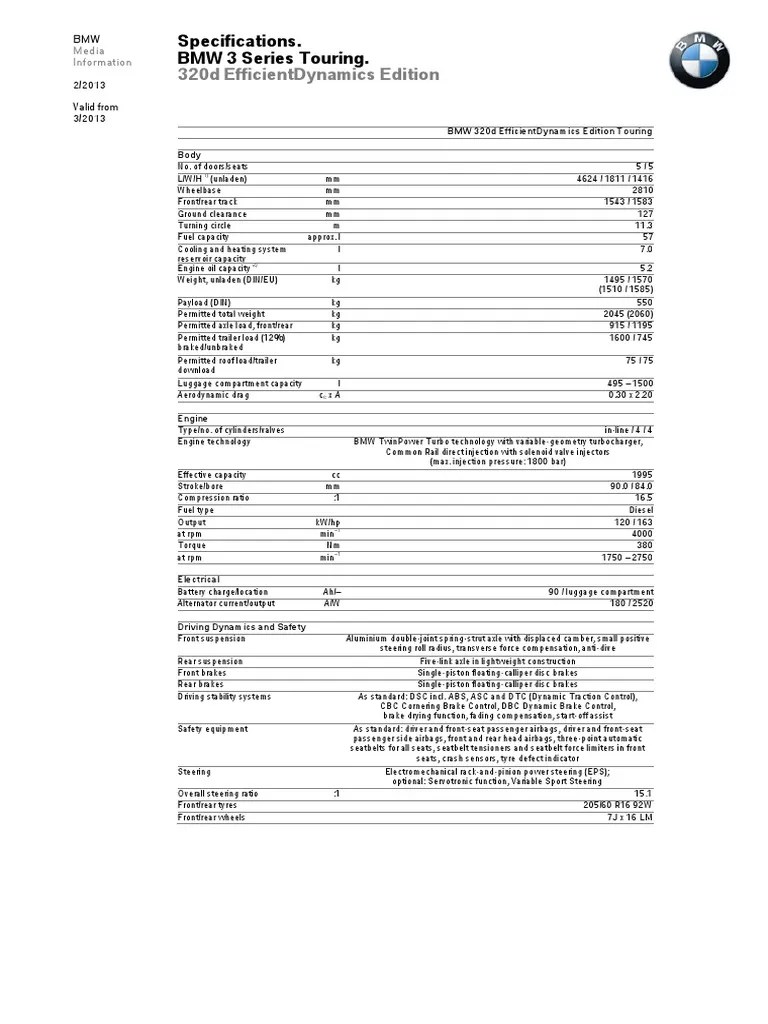 320D Efficientdynamics Edition: Specifications. BMW 3 Series Touring