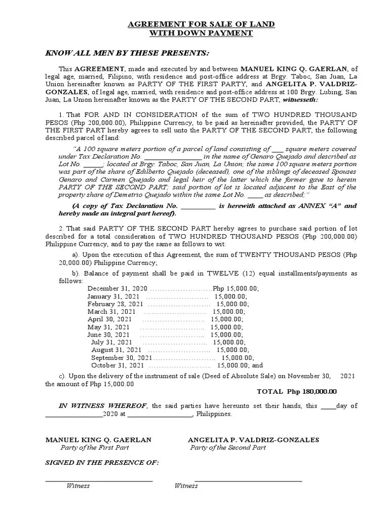 Agreement For Sales of Land With Down Payment Manuel King & Angelita P