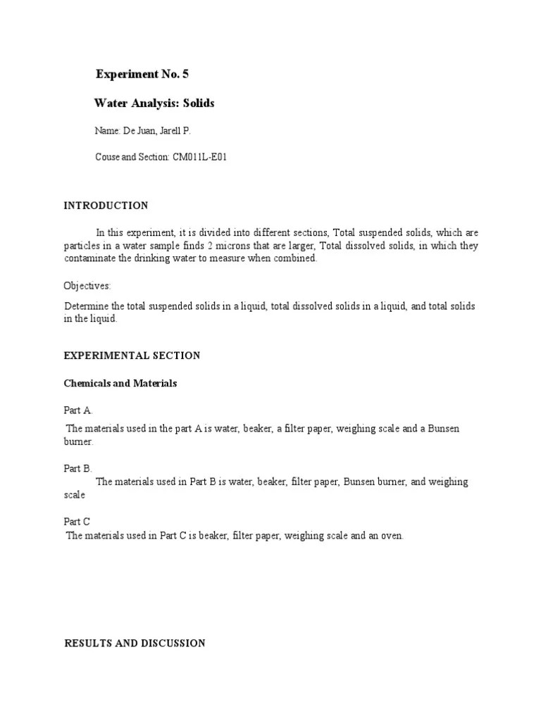 Experiment No. 5 Water Analysis Solids Name de Juan, Jarell P. Couse
