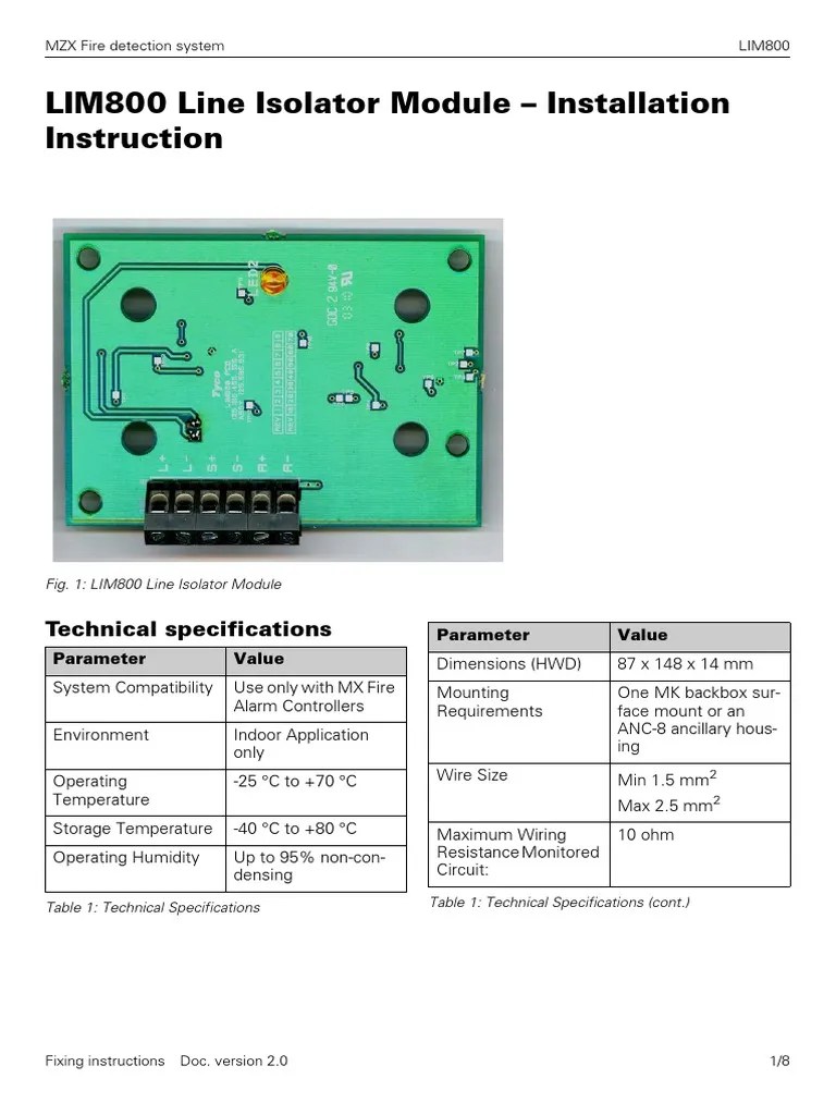 LIM800 Line Isolator Module Installation Instruction Technical Specifications PDF Printed