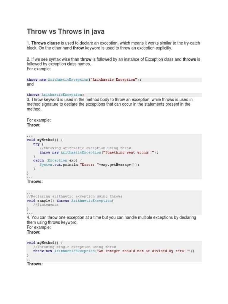 Throw Vs Throws in Java PDF