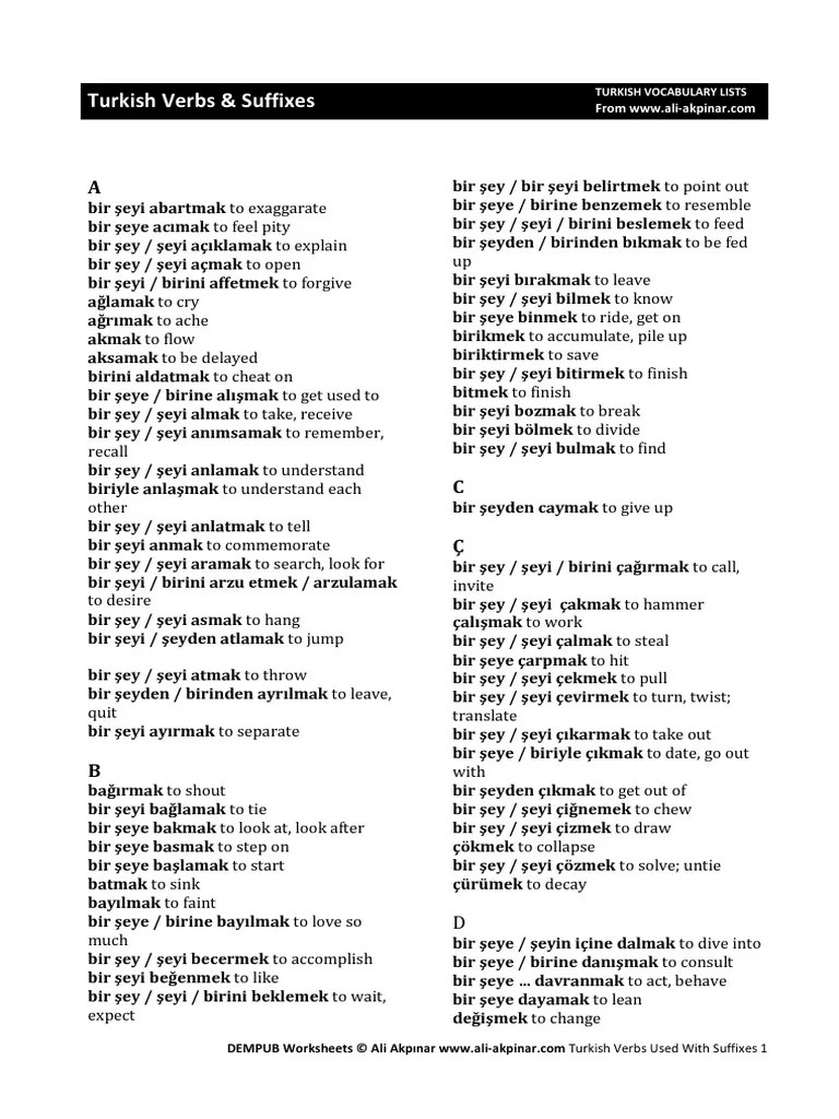 Turkish Word Lists Turkish Verbs Used With Suffixes PDF