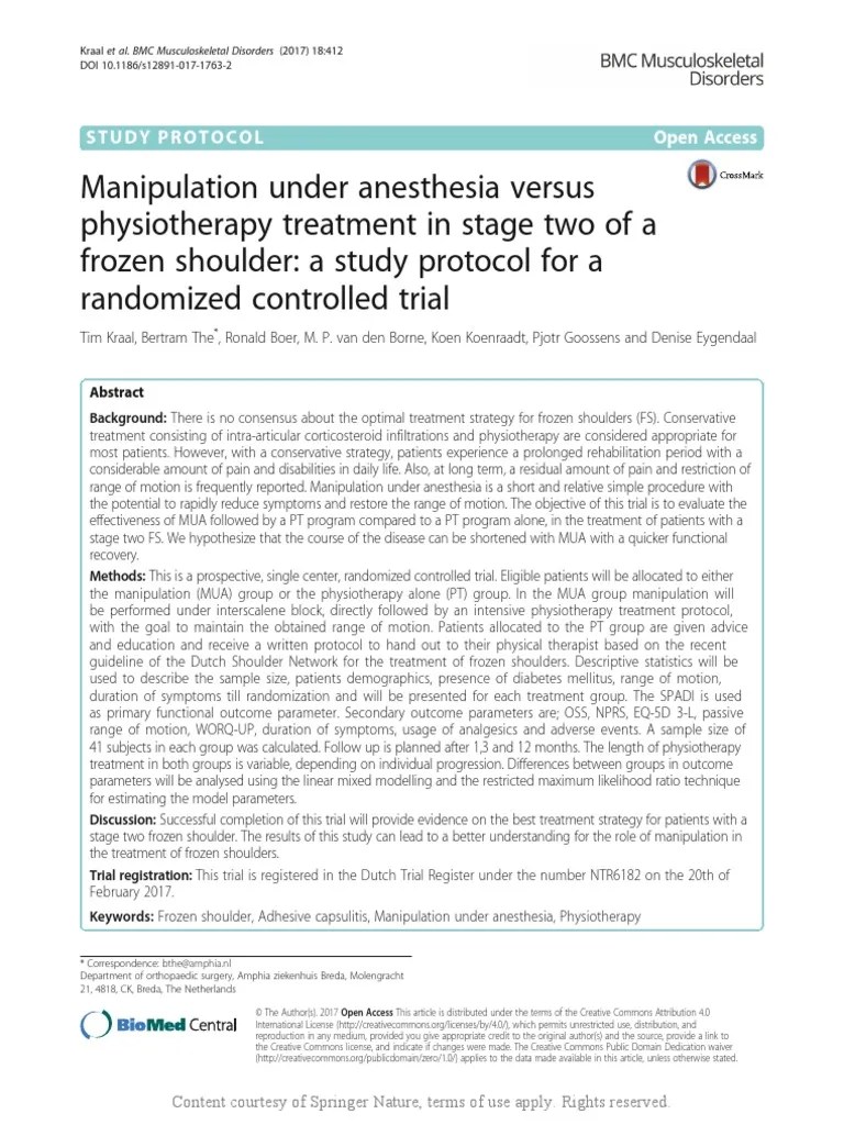 Manipulation Under Anesthesia Versus Physiotherapy Treatment in Stage Two of A Frozen Shoulder