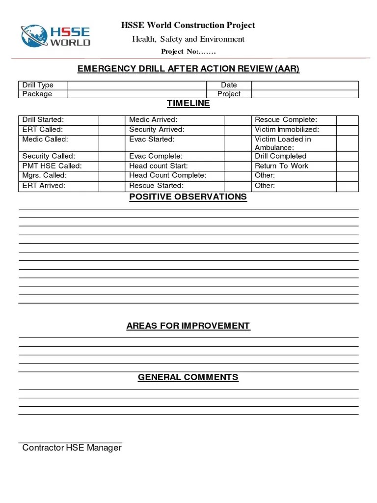Emergency Drill After Action Review Form PDF