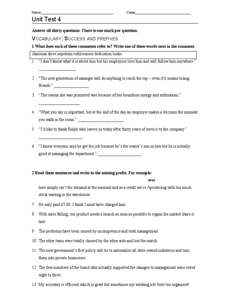 Unit Test 4 Answer All Thirty Questions. There Is One Mark Per