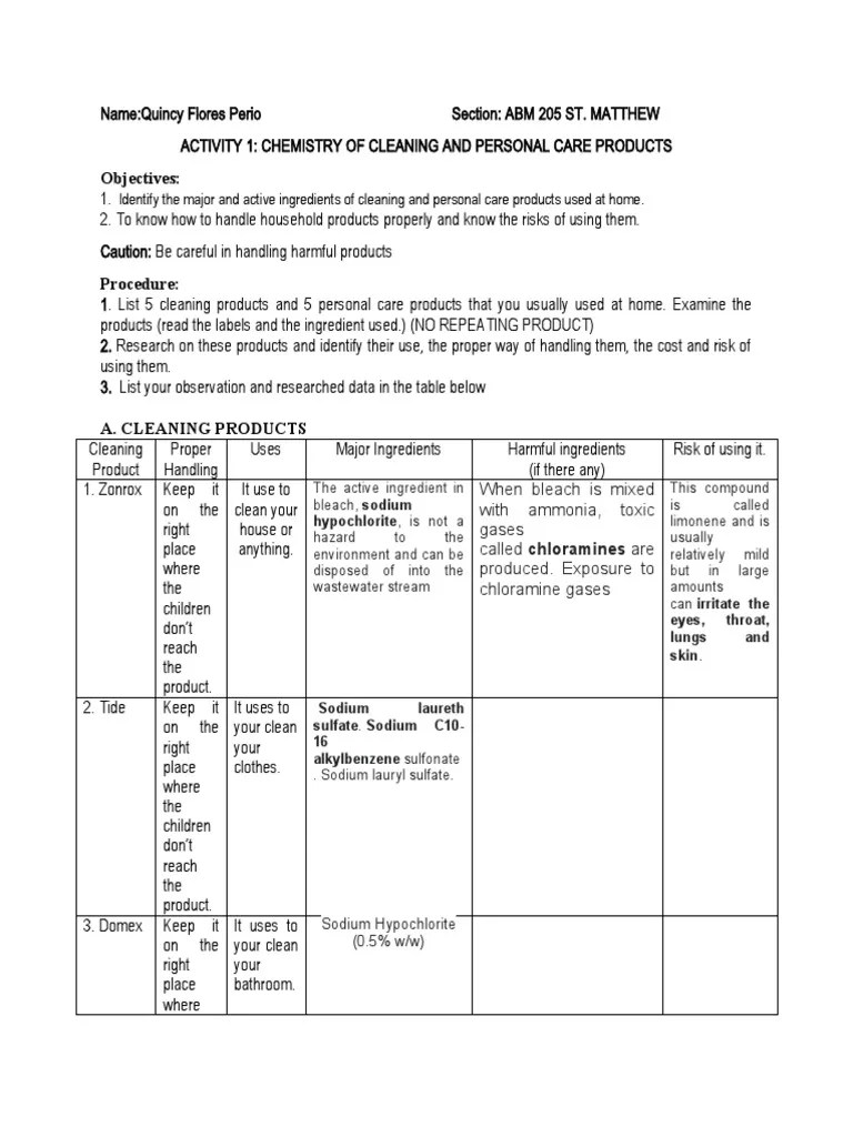 Objectives Identify The Major and Active Ingredients of Cleaning and Personal Care Products