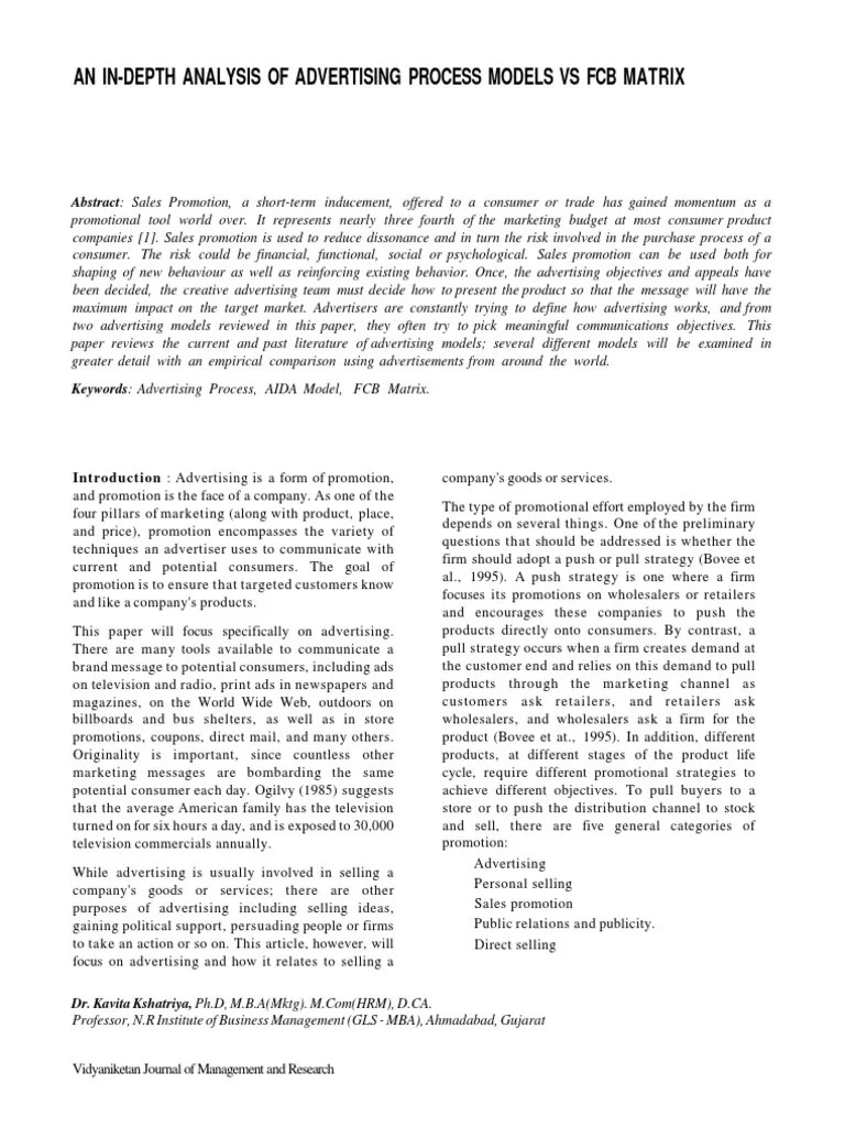 An InDepth Analysis of Advertising Process Models Vs FCB Matrix PDF