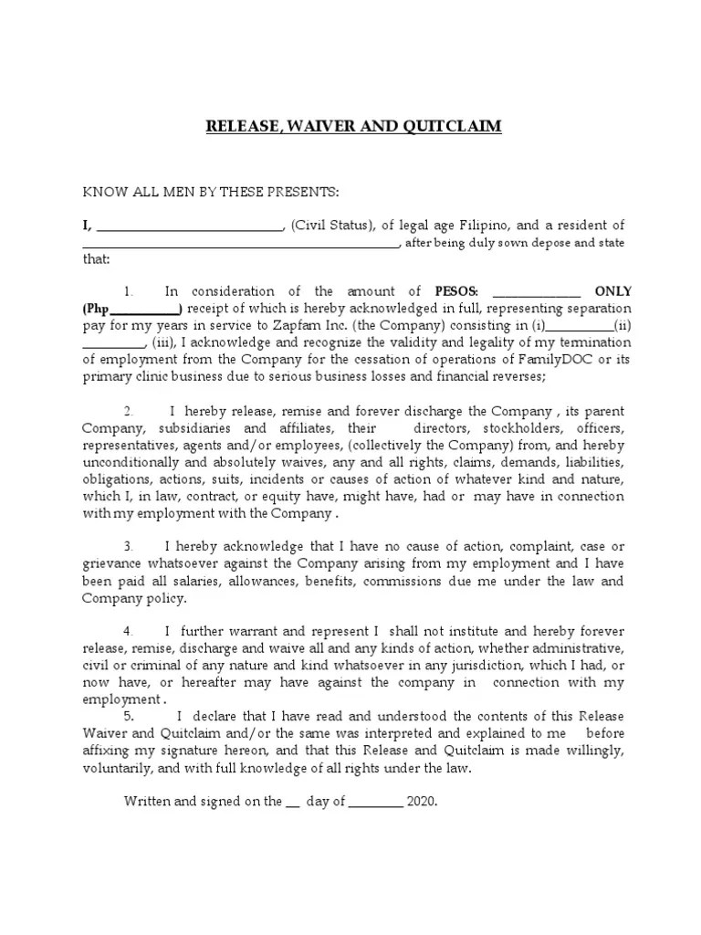 Release, Waiver and Quitclaim I, , (Civil Status), of Legal Age