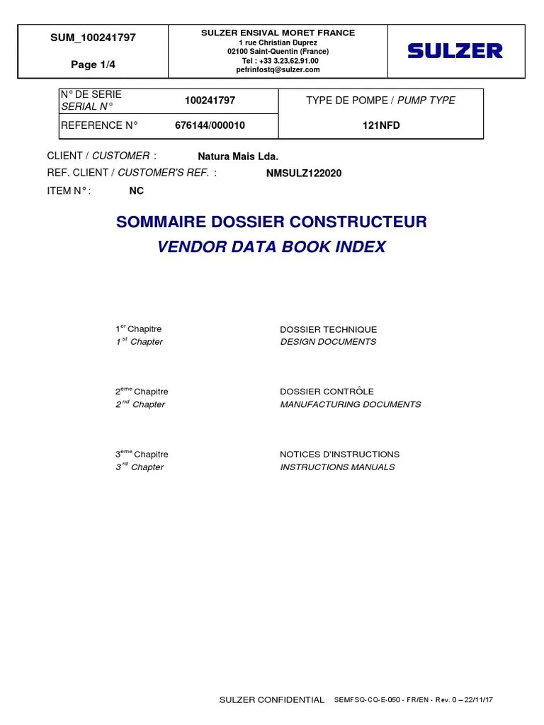 Sommaire Dossier Constructeur Vendor Data Book Index PDF Pump