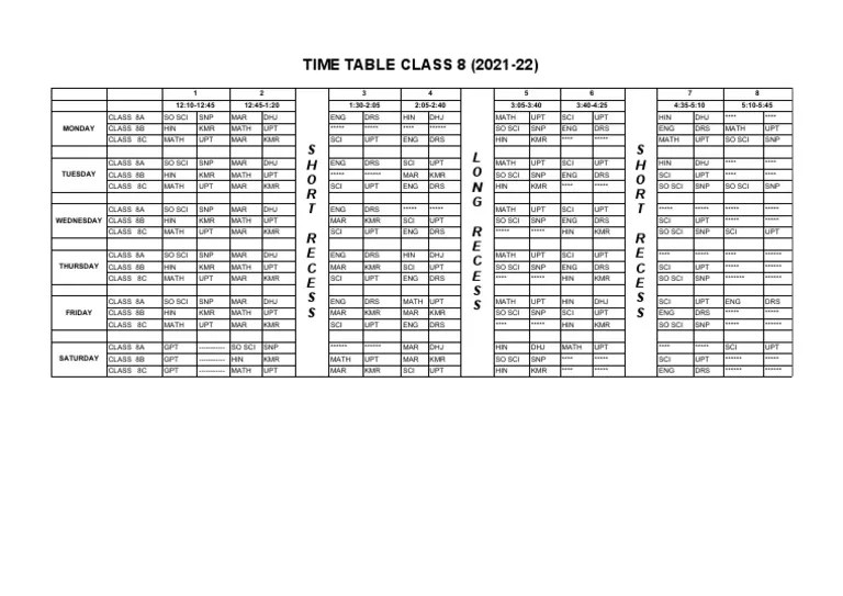 Time Table Class 8 Sheet1 PDF