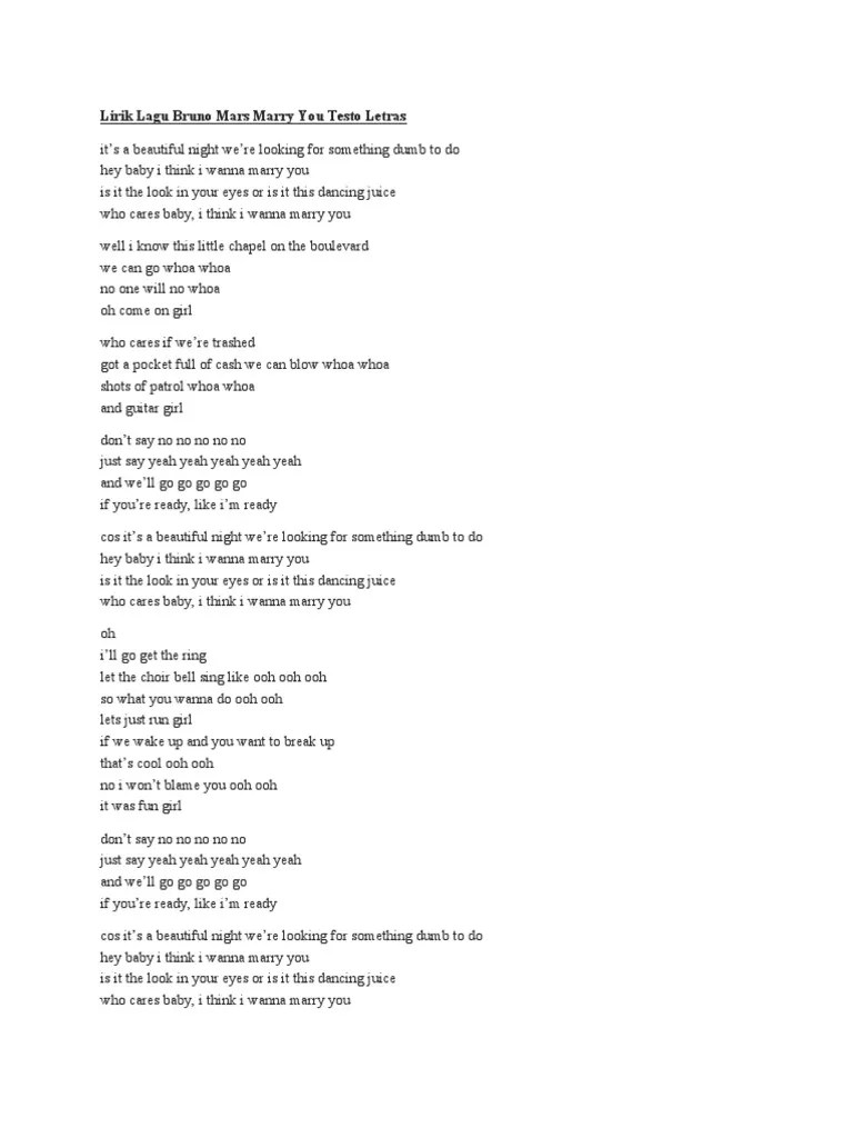 Lirik Lagu Bruno Mars Marry You Testo Letras | PDF