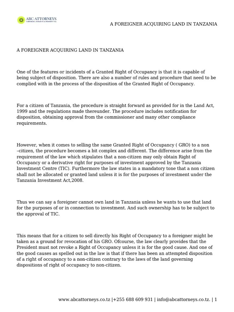 A Foreigner Acquiring Land in Tanzania Download Free PDF Lease