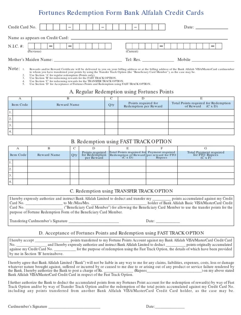 Redemption Form Visa Inc. Credit Card