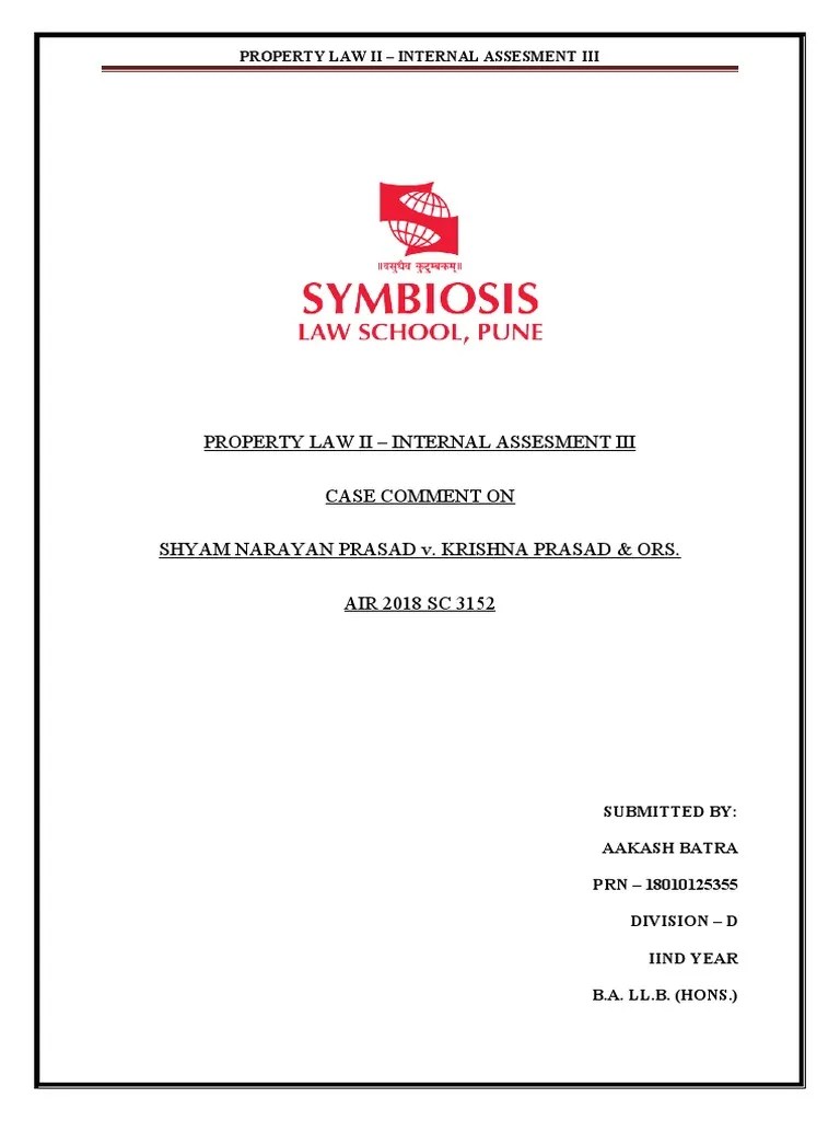 Property Law Ii Internal Assesment Iii Case Comment On Shyam Narayan
