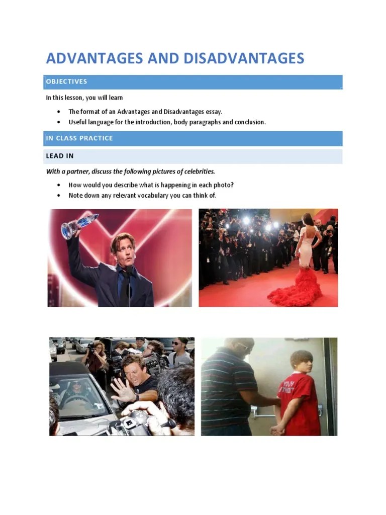 Week 2 Writing Advantages and Disadvantages PDF Celebrity Essays