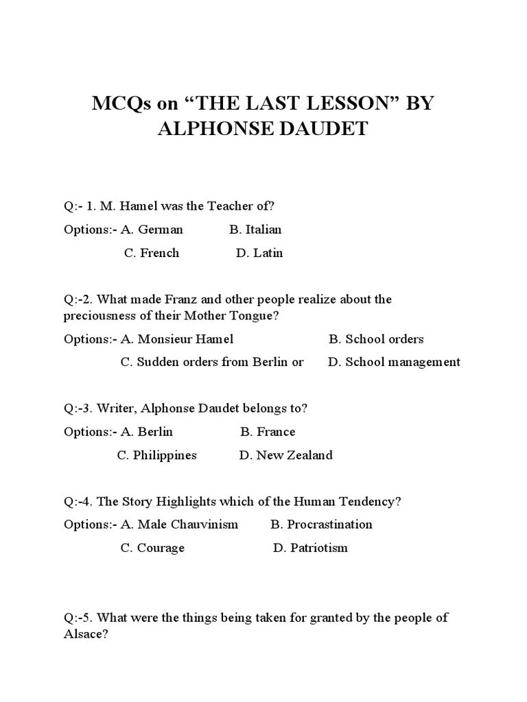MCQs ON The Last Lesson PDF