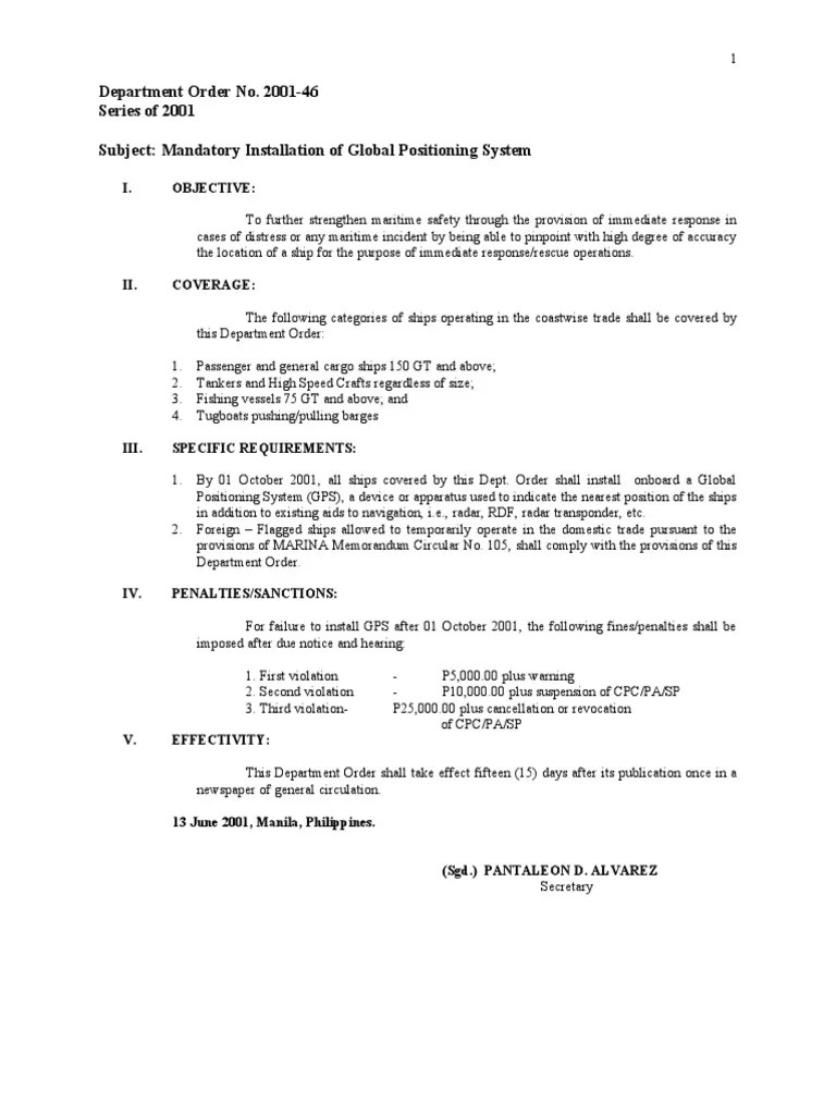 Department Order No. 200146 Series of 2001 Subject Mandatory