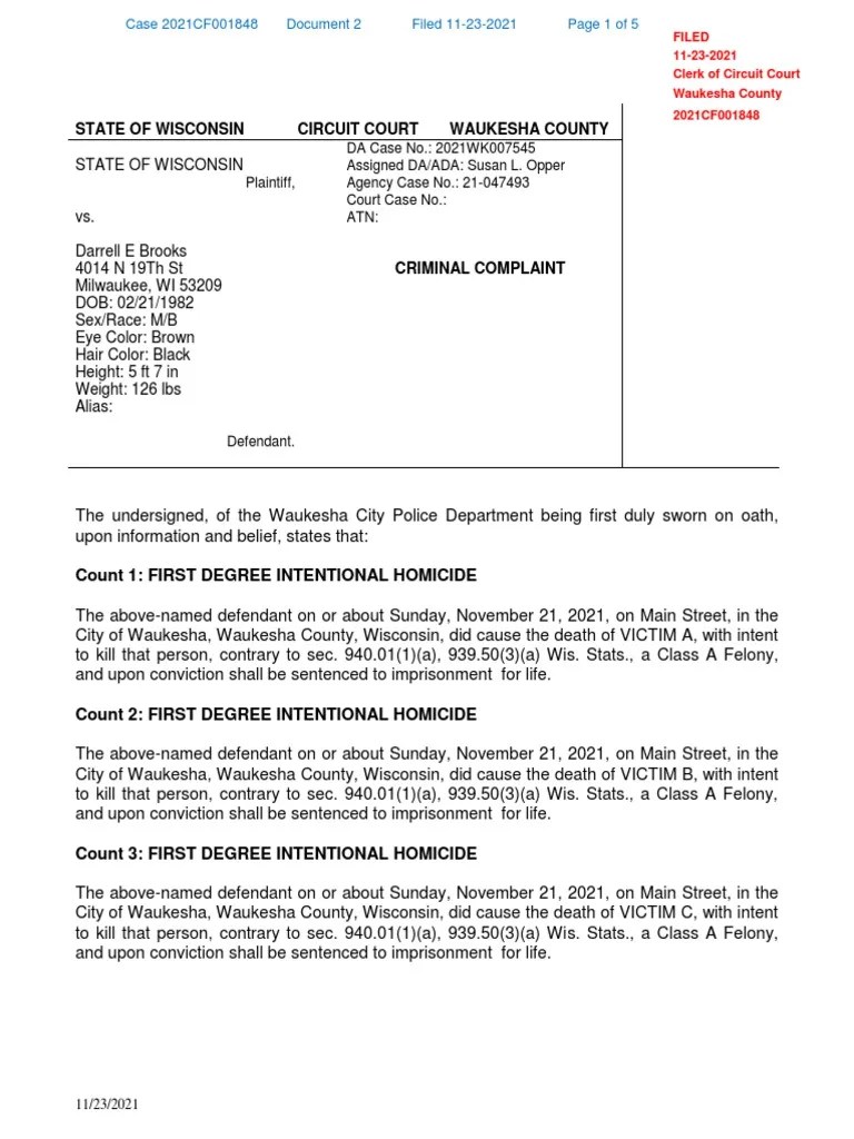 Darrell Brooks Criminal Complaint Download Free PDF United States