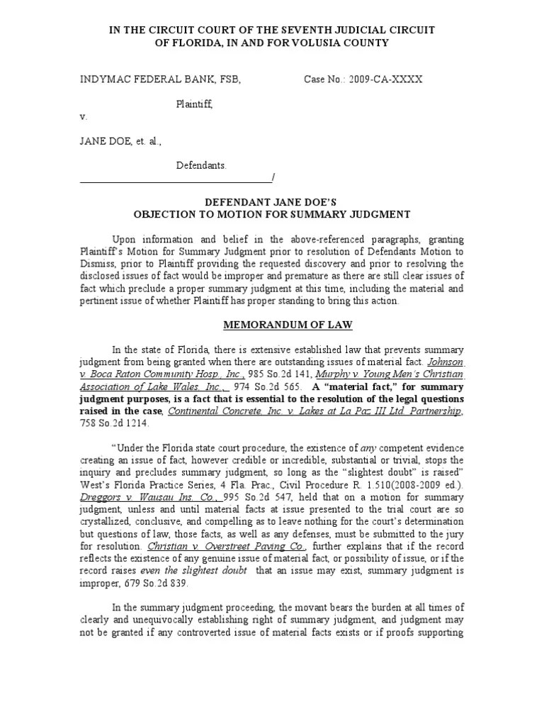 Sample Opposition to Motion for Summary Judgment Summary Judgment