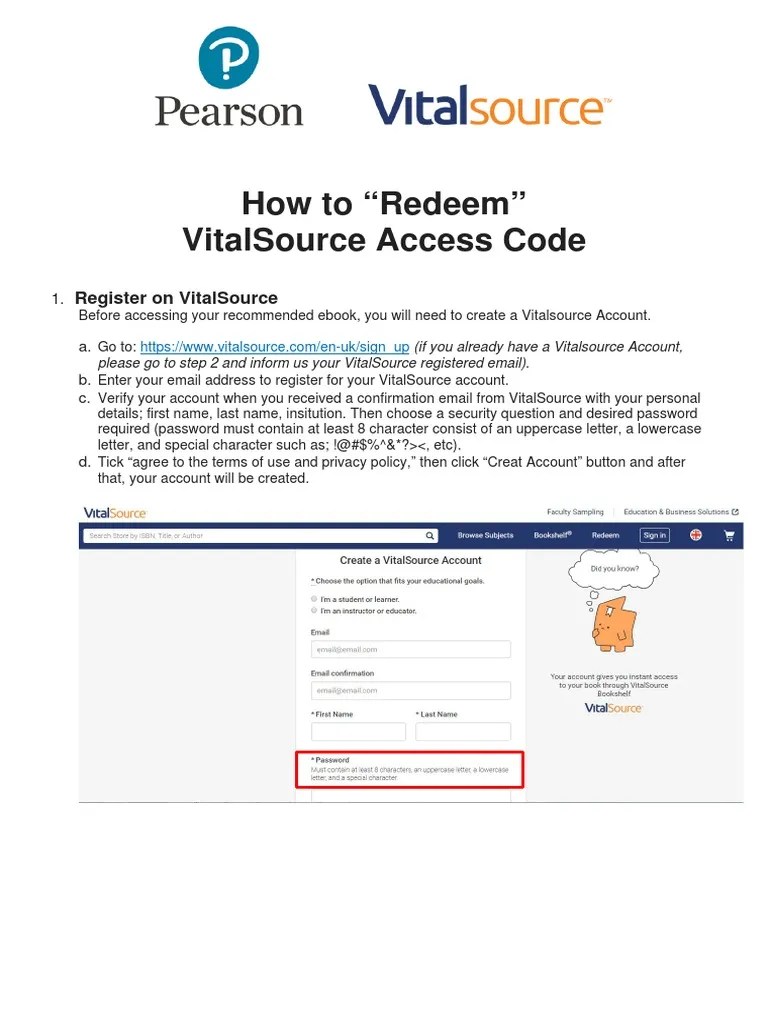 VitalSource Tutorial How To Redeem Access Code PDF Ios Password