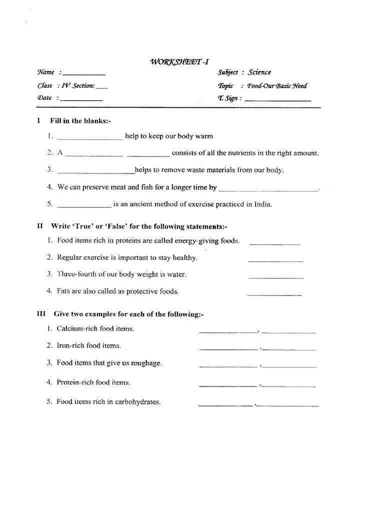 CBSE Class 4 Science Worksheet Food Our Basic Need PDF