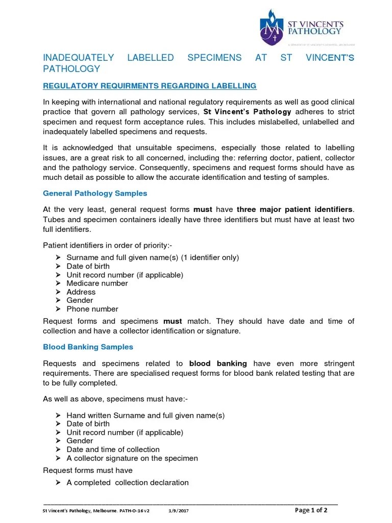 Strict Labeling Requirements for Pathology Specimens at St. Vincent's