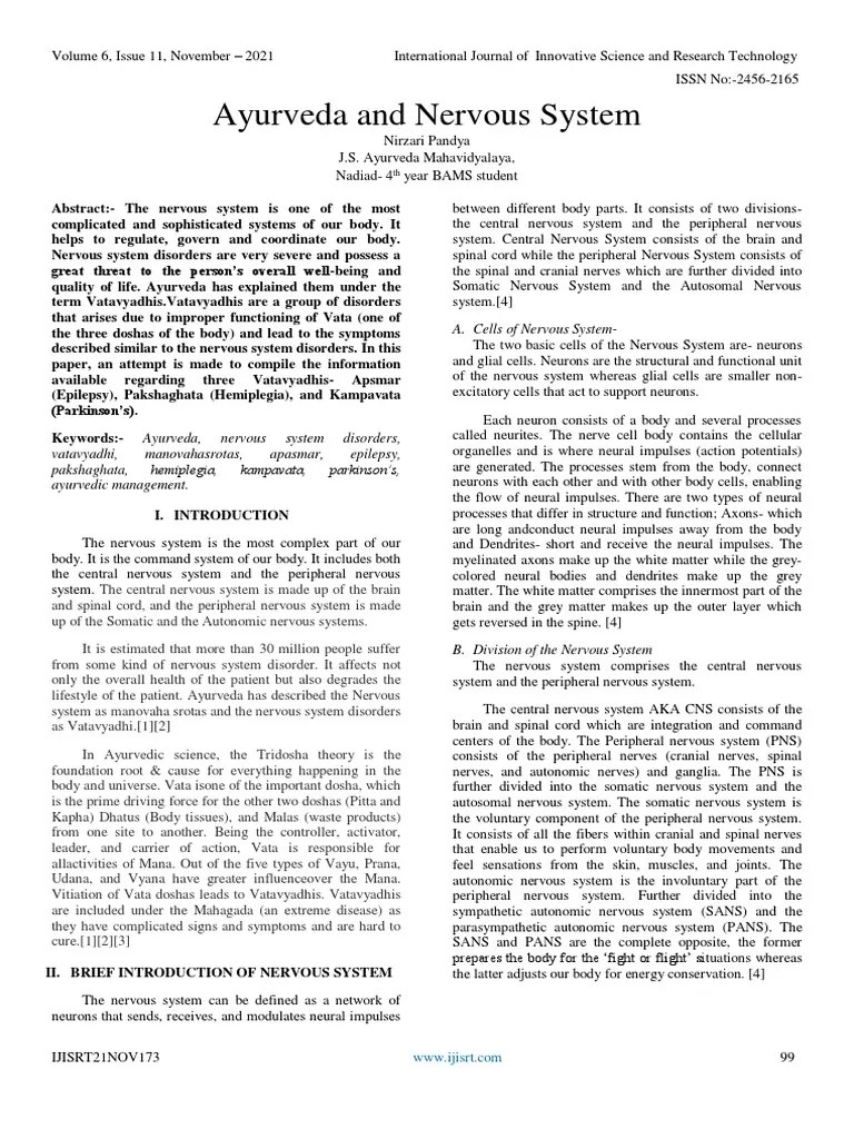 Ayurveda and Nervous System PDF Nervous System Central Nervous System