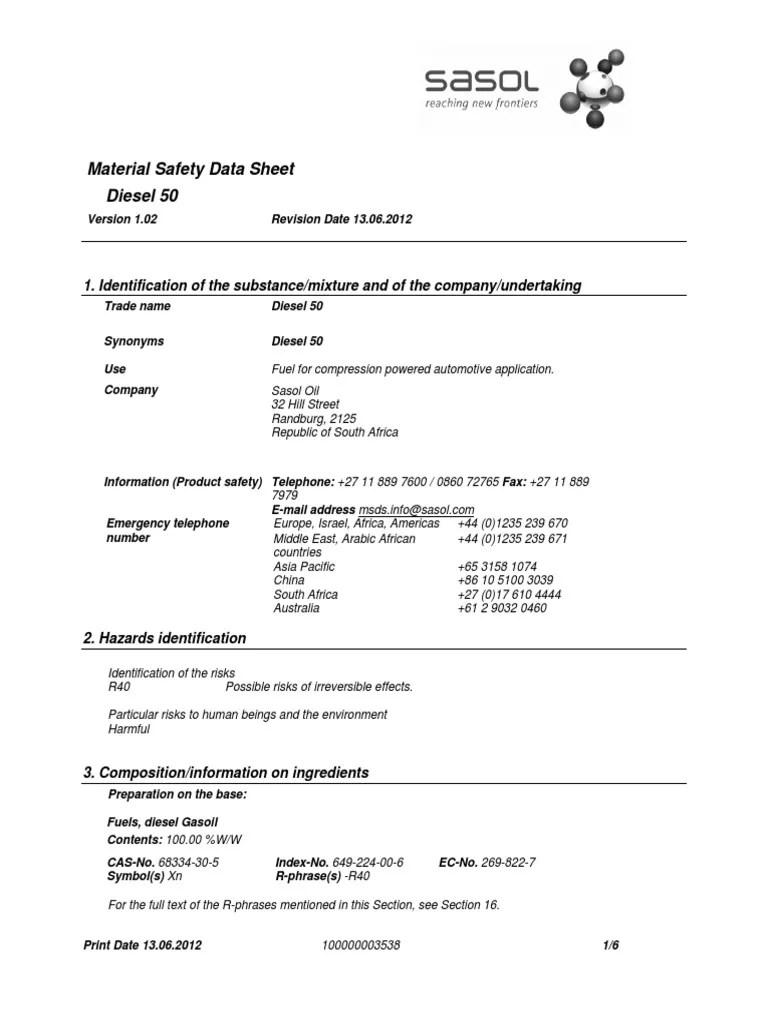 Material Safety Data Sheet Diesel 50 1. Identification of The