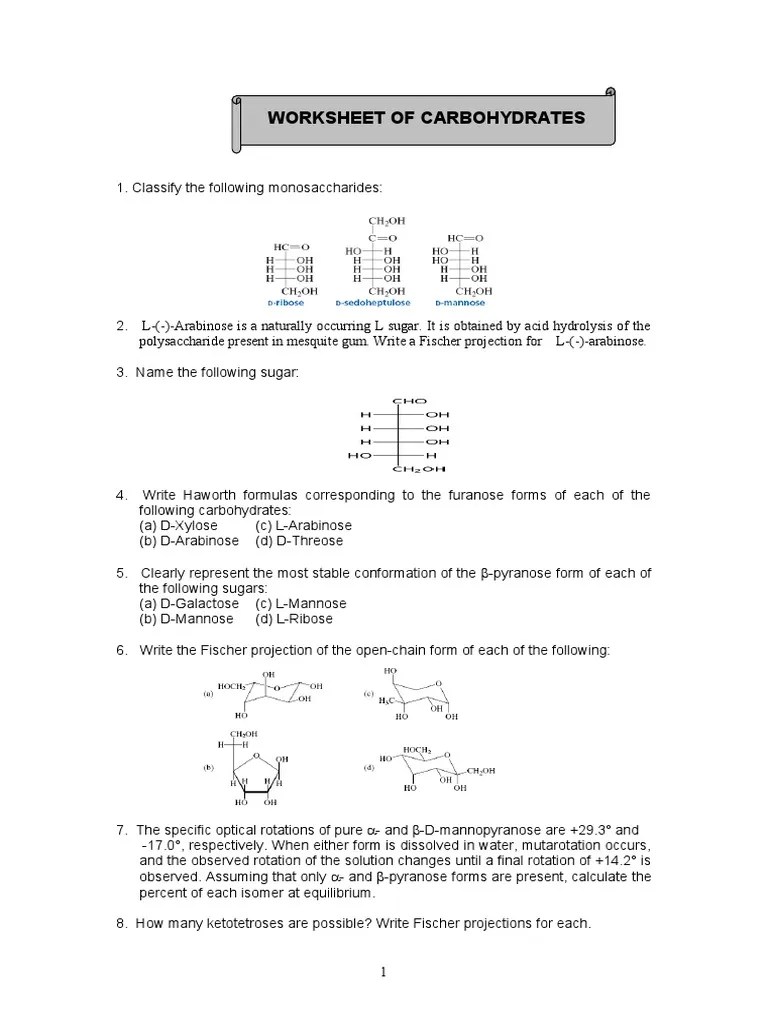 Worksheet of Carbohydrates | PDF | Carbohydrates | Glucose