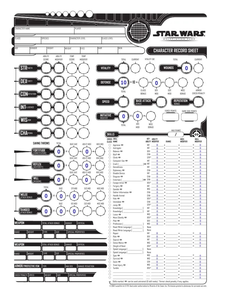 Star Wars RPG Character Sheet Fillable Blank Role Playing Games