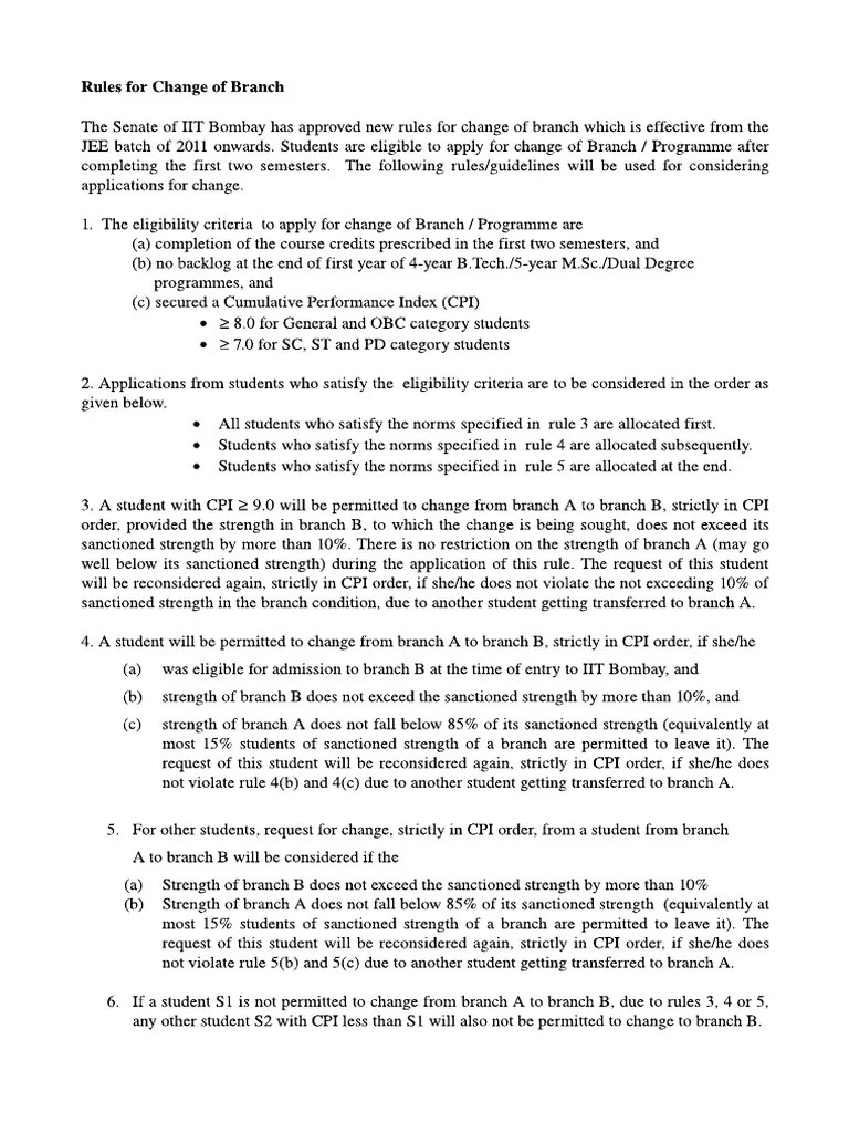 Rules For Branch Change in IITB PDF