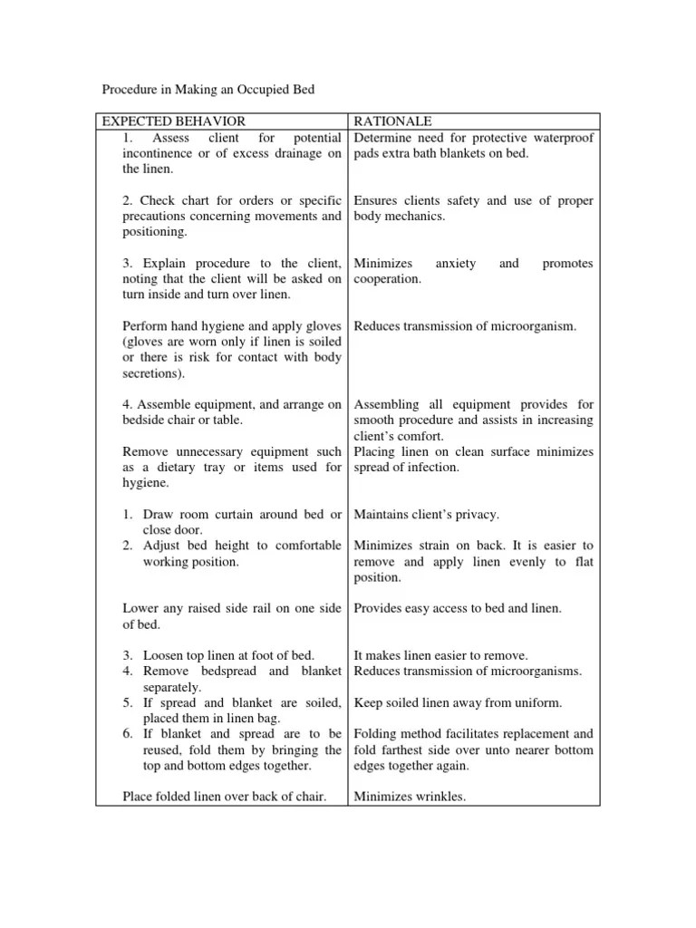 Procedure in Making an Occupied Bed Cama Almohada