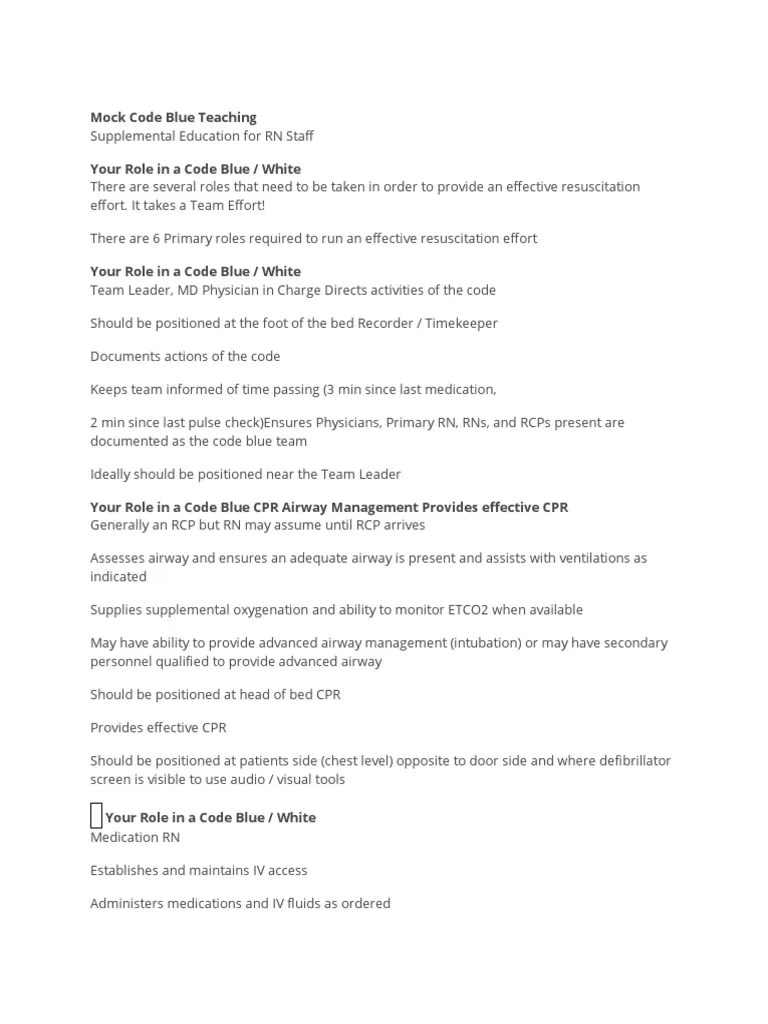 Mock Code Blue Teaching Your Role in A Code Blue / White PDF